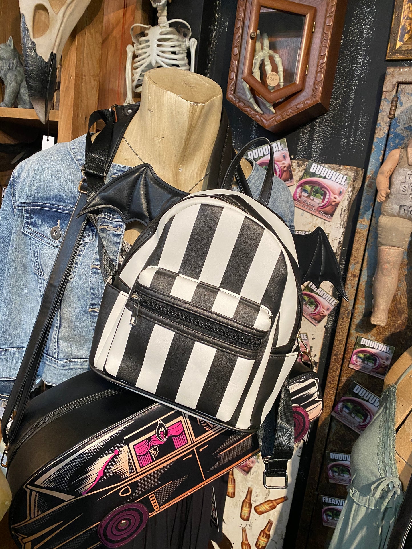 Black and white stripe bat wing backpack